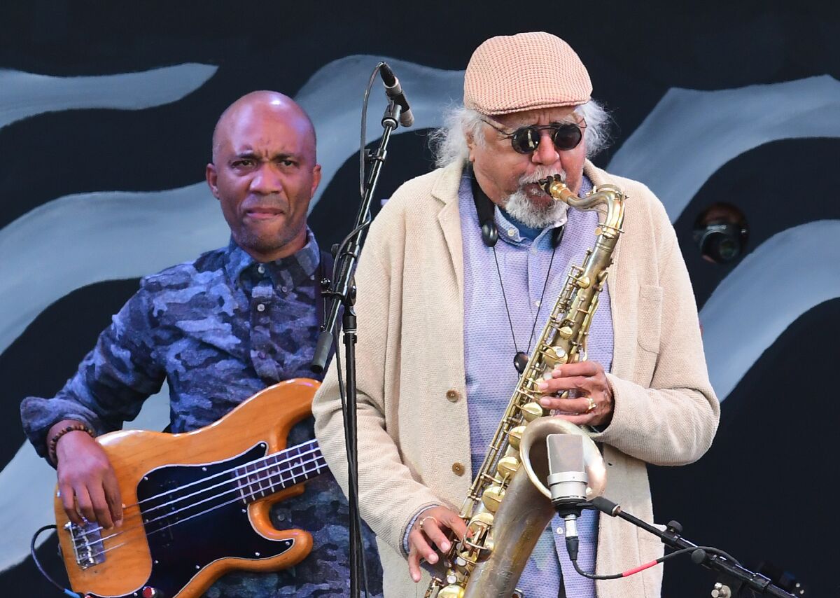 Saxophonist Charles Lloyd and bassist Reuben Rogers play at the Monterey Jazz Festival in 2018.