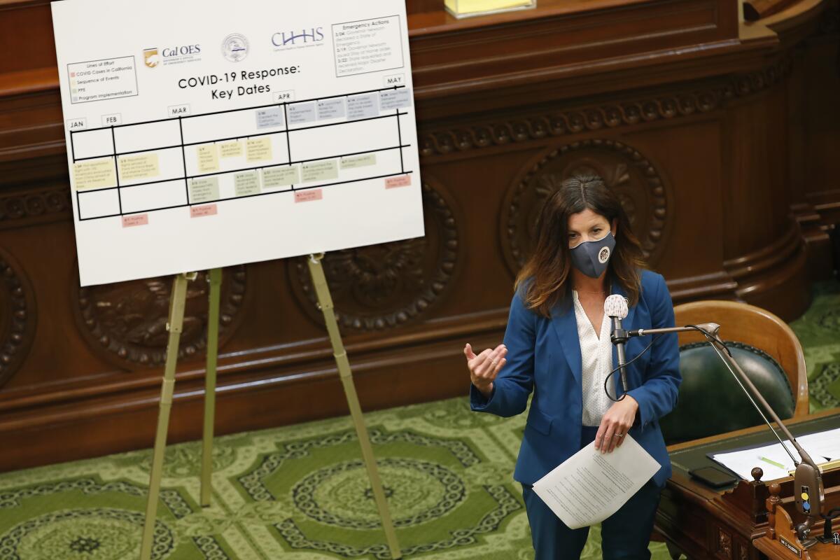 A person with a face mask speaks in front of a chart.