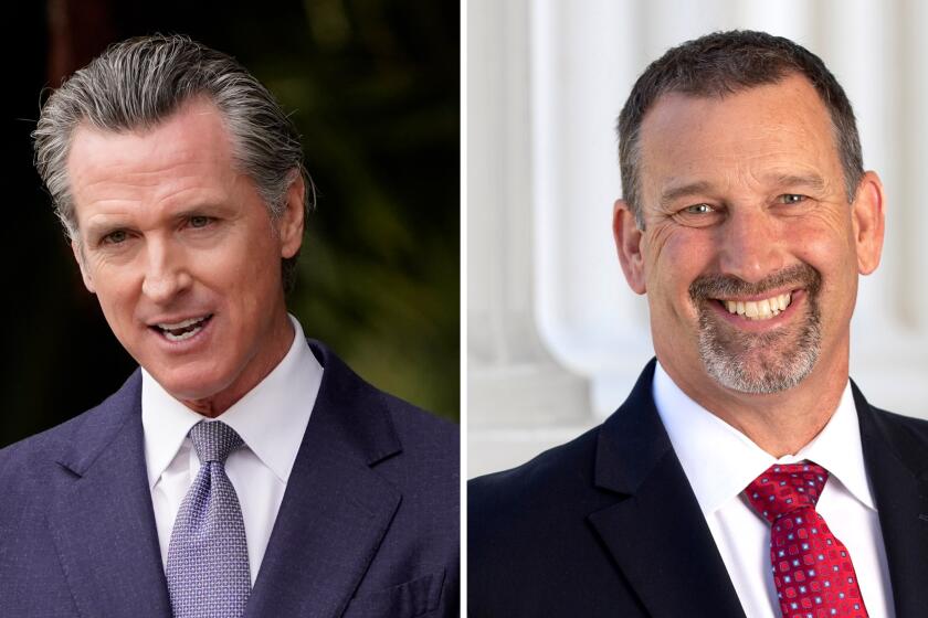 Left, May 27 photo of Gov. Gavin Newsom during an event in San Francisco. Right, California State Senator and gubernatorial candidate. Brian Dahle. (Eric Risberg, Lorie Leilani Shelley / AP, BrianDahle.com)