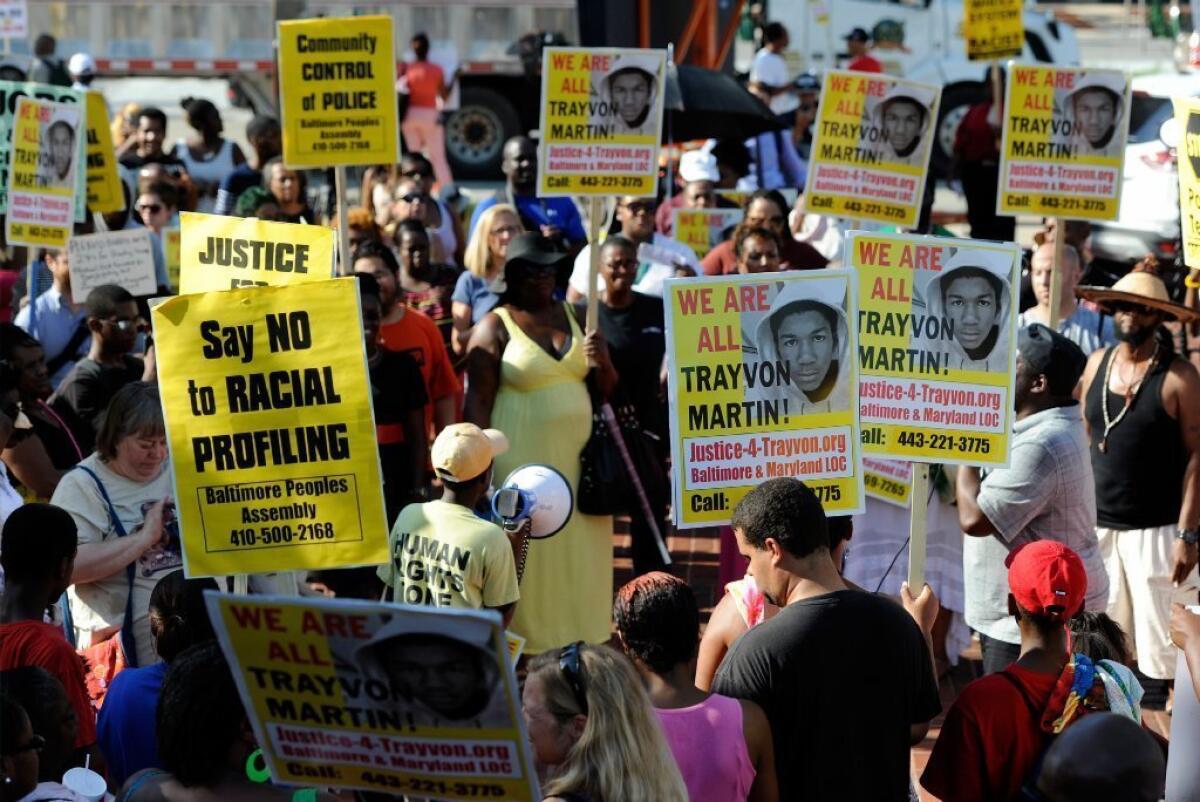 Several hundred people gather in Baltimore for a demonstration in reaction to the acquittal of George Zimmerman in the slaying of Florida teenager Trayvon Martin.