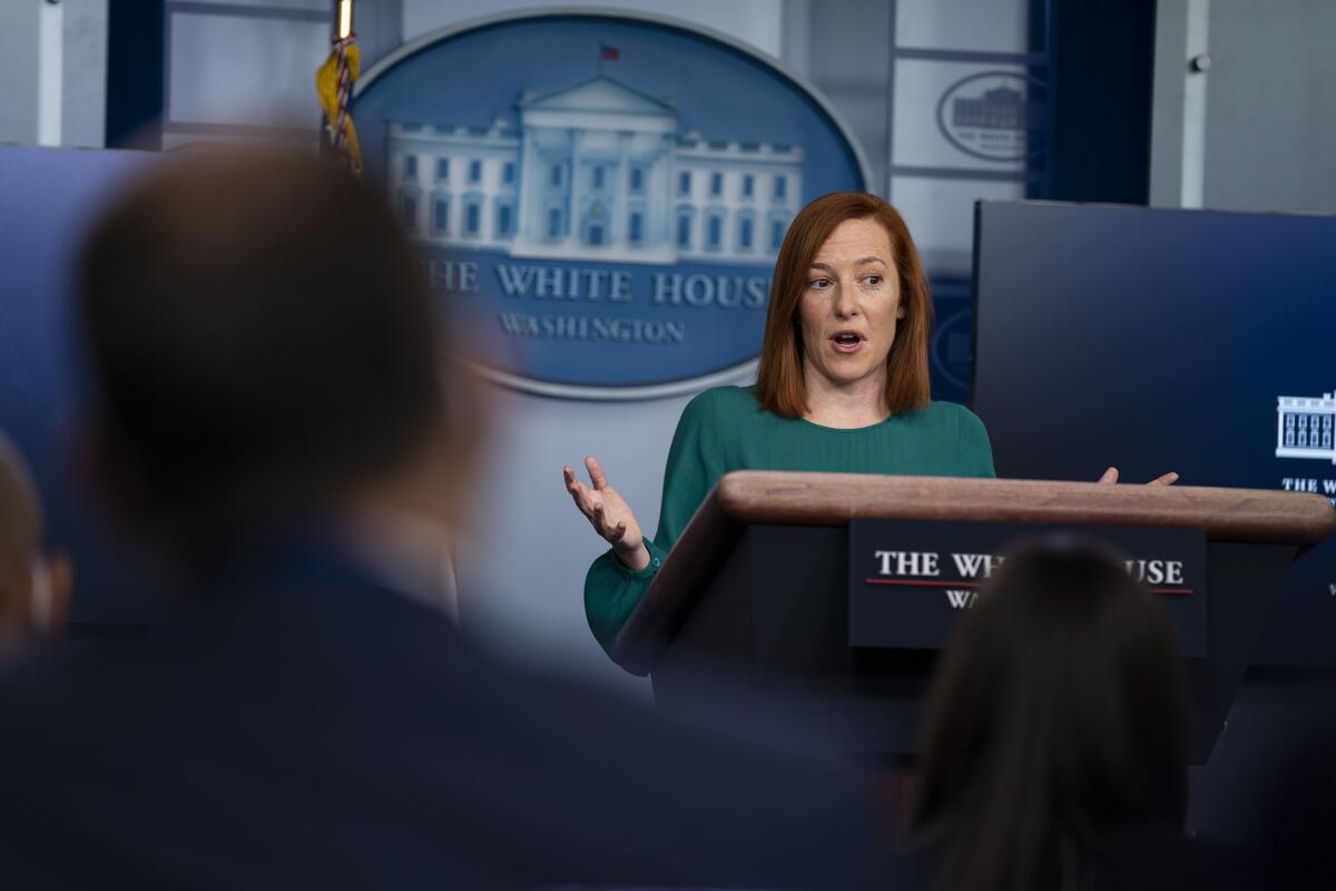 White House Press Secretary Jen Psaki speaks during a news briefing.