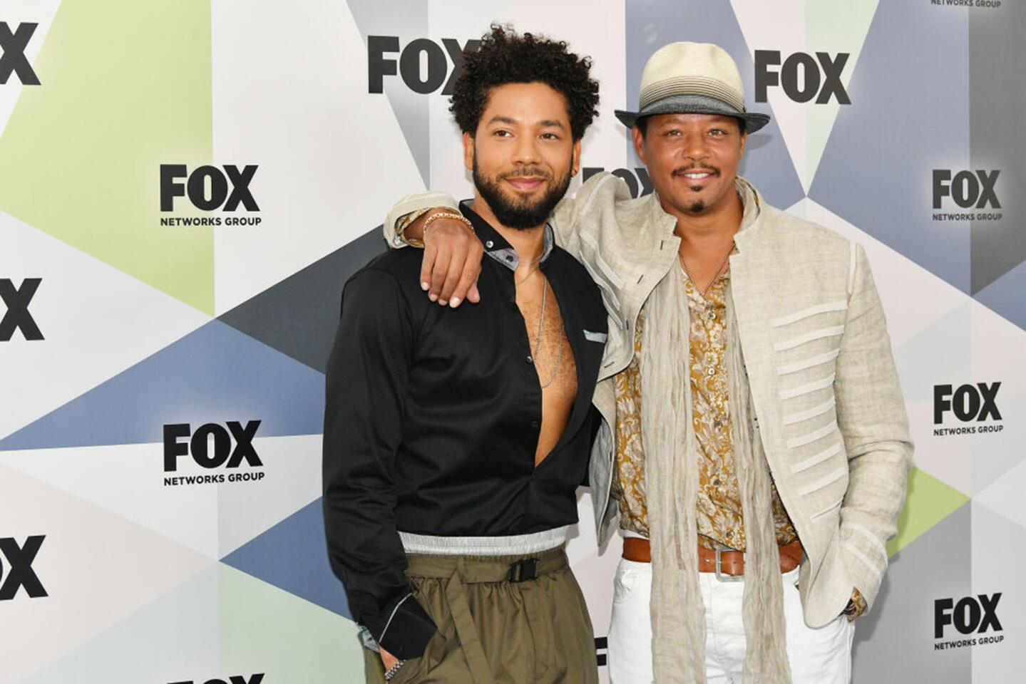 Actors Jussie Smollett, left, and Terrence Howard attend the 2018 Fox Network Upfront at Wollman Rink in New York on May 14, 2018.