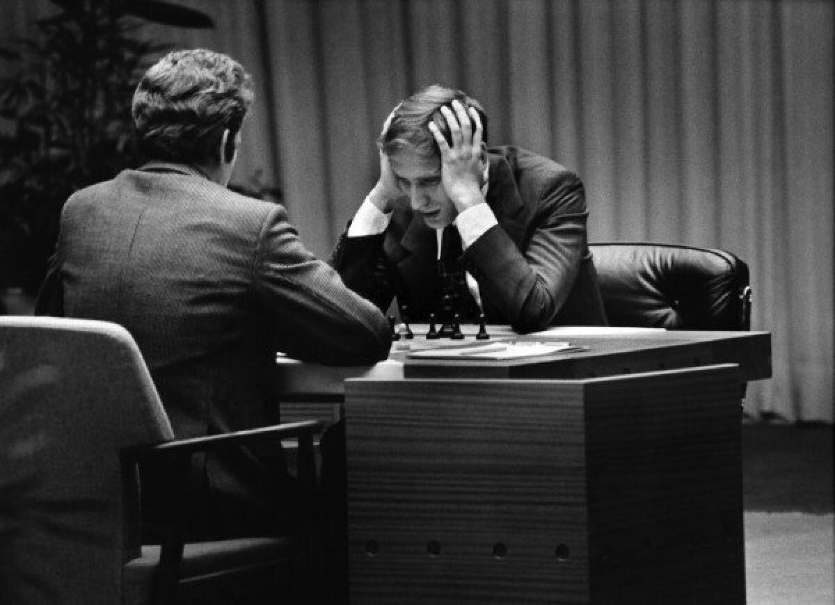 Boris Spassky, left, and  Bobby Fischer play chess in an image from "Bobby Fischer Against the World."