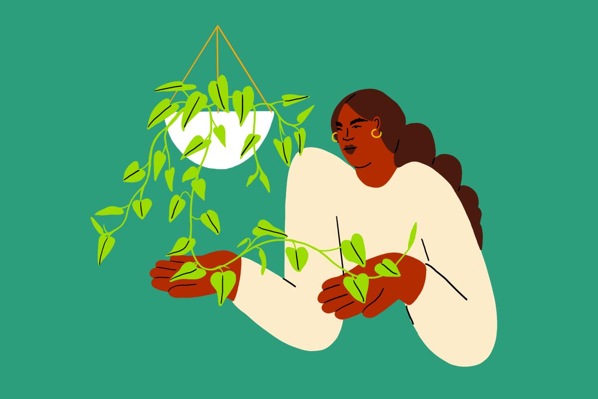 Illustration of a woman with a hanging plant