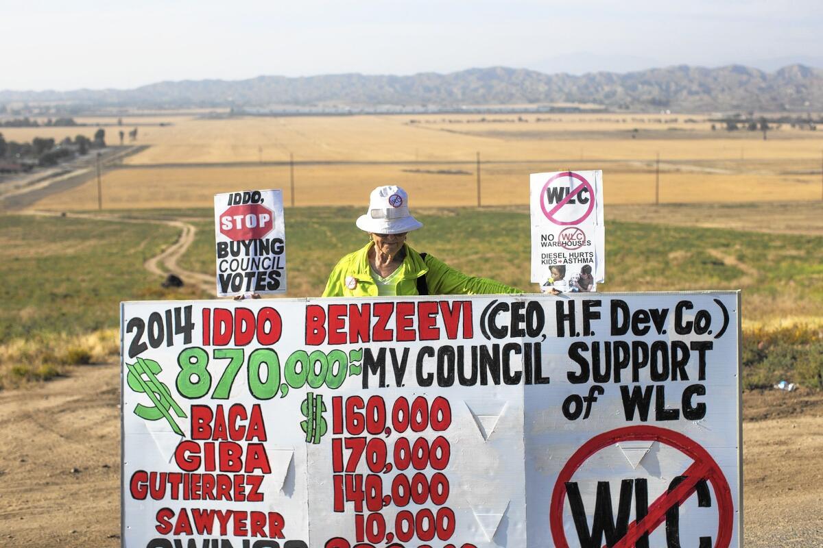 Riverside County resident Betty Masters protests the Moreno Valley City Council's support of developer Iddo Benzeevi's proposed World Logistics Center.