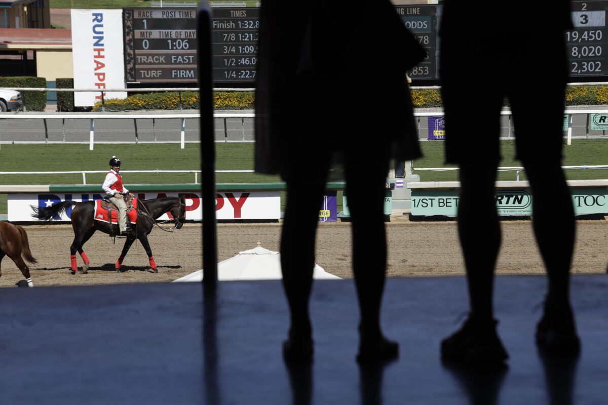 A rider takes to the track as visitors look on at Santa Anita Park on Friday.