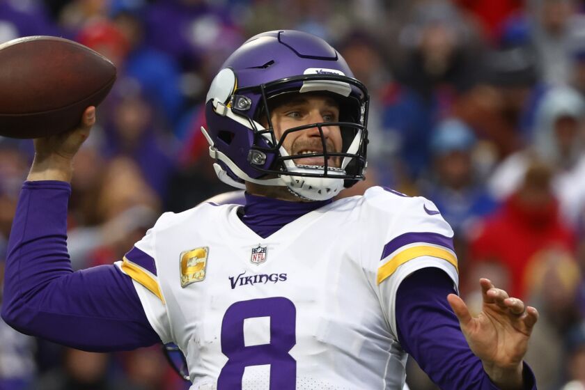 Minnesota Vikings quarterback Kirk Cousins in the second half of an NFL football game against the Buffalo Bills, Sunday, Nov. 13, 2022, in Orchard Park, N.Y. (AP Photo/Jeffrey T. Barnes)