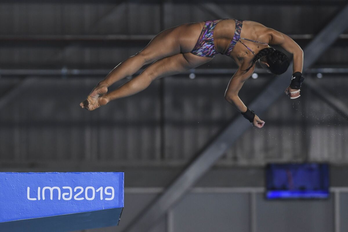 Brazil's Ingrid De Oliveira performs during the Women's 10M Platform preliminary event of the Pan-American Games Lima 2019 in Lima, on August 3, 2019. (Photo by PEDRO PARDO / AFP)PEDRO PARDO/AFP/Getty Images ** OUTS - ELSENT, FPG, CM - OUTS * NM, PH, VA if sourced by CT, LA or MoD **