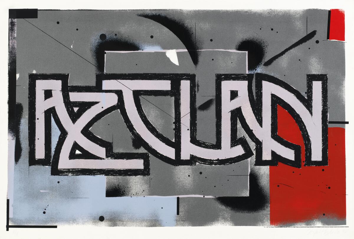 Blocks of color in grey, red and light blue serve as backdrop to the word "AZTLAN" in stylized letters