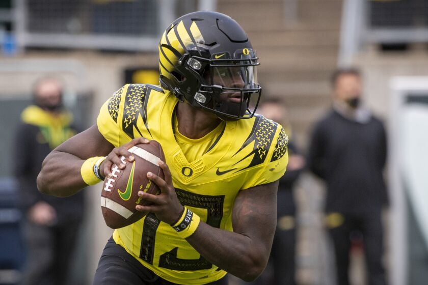 Oregon quarterback Anthony Brown (13 during an NCAA college football game Saturday, Oct. 30, 2021.