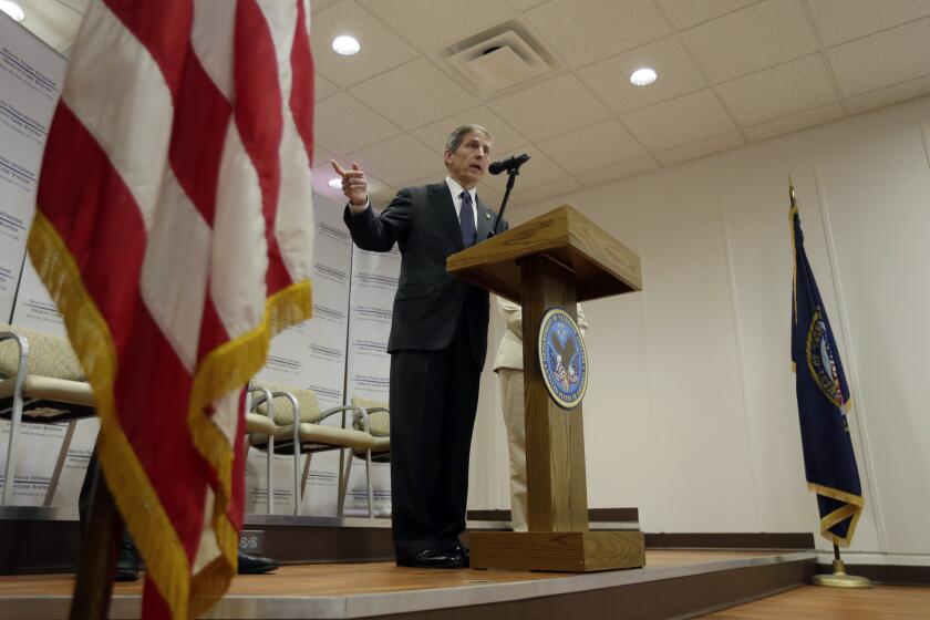 Sloan Gibson, acting secretary of Veterans Affairs, speaks to the media during a visit to the Audie L. Murphy VA Medical Center in San Antonio on June 6.