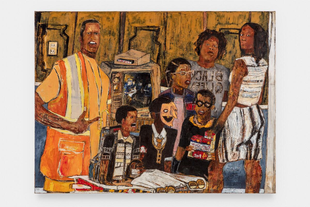 A painting shows a group of Black people assembled in a room. One of the youngest wears a humorous witch mask