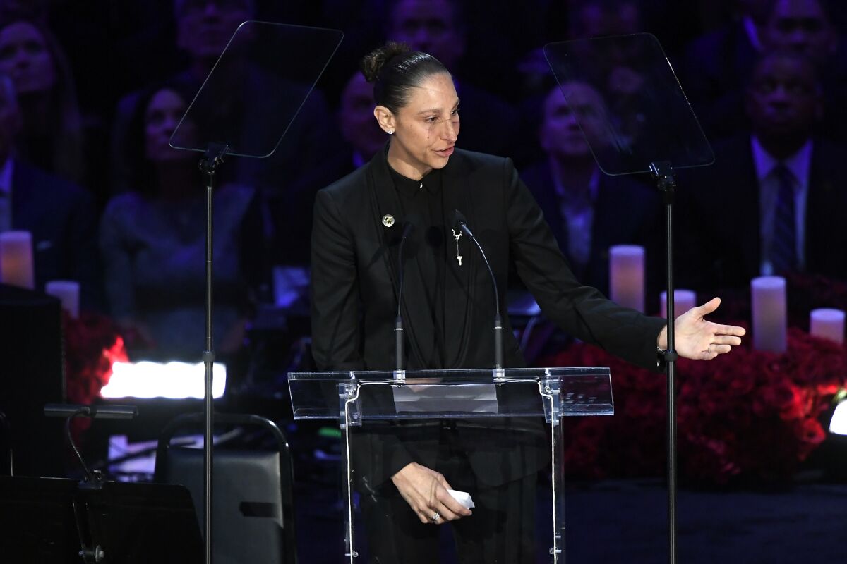 Diana Taurasi talks about Kobe and Gianna Bryant during the "Celebration of Life" at Staples Center.