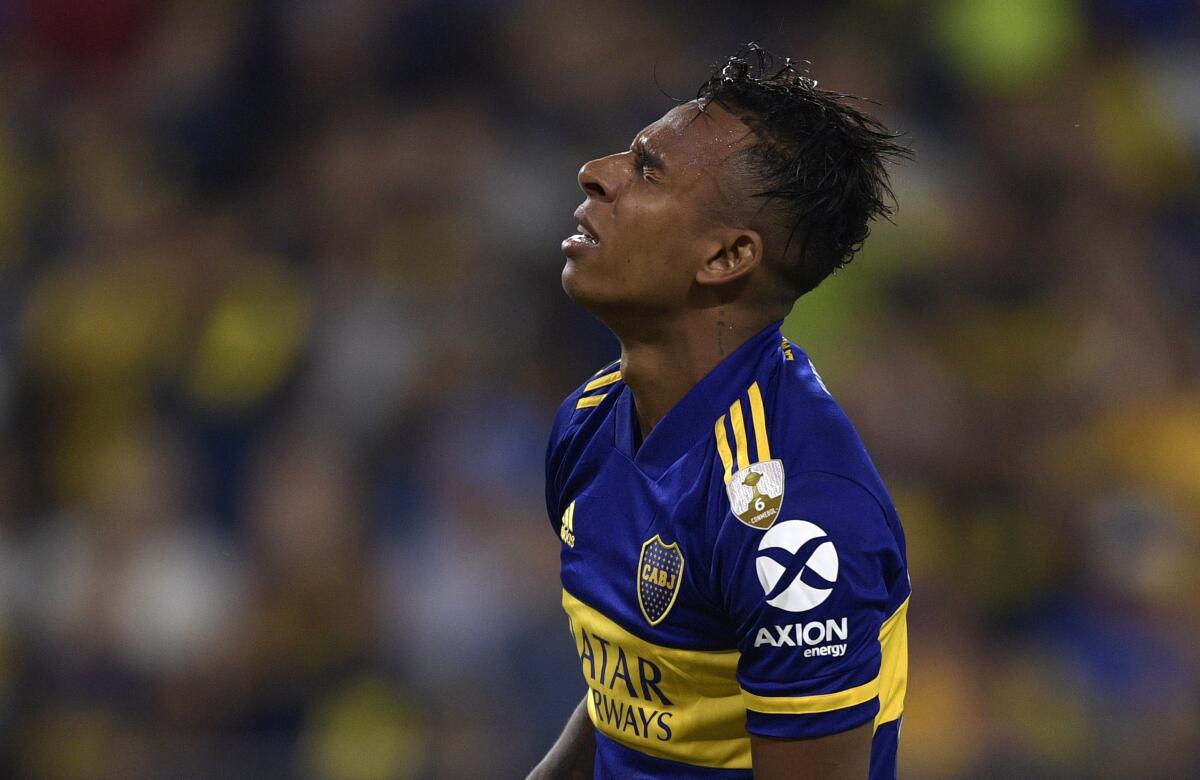 Colombian forward Sebastian Villa, of Argentina's Boca Juniors, reacts after missing a chance to score against Colombia's Independiente Medellin during the Copa Libertadores group H football match at La Bombonera stadium, in Buenos Aires, on March 10, 2020. - Boca Juniors announced on April 28, 2020 it will take the "corresponding measures" after Villa was accused of gender violence by his girlfriend, who published pictures of her beaten body. (Photo by JUAN MABROMATA / AFP) (Photo by JUAN MABROMATA/AFP via Getty Images)
