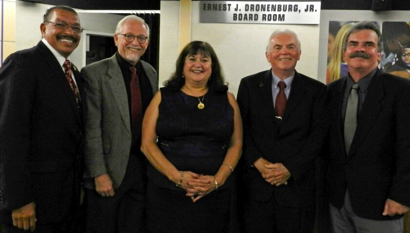 County Board of Education members with County Superintendent of Schools (left to right: Dr. Randy Ward, Board President Dr. Gregg Robinson and Board members Alicia Muñoz, Rich Shea, and Mark Anderson.