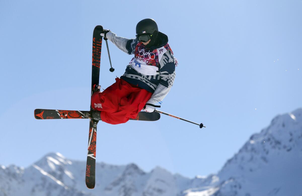 Gus Kenworth catches big air during the men's slopestyle skiing final in Sochi.
