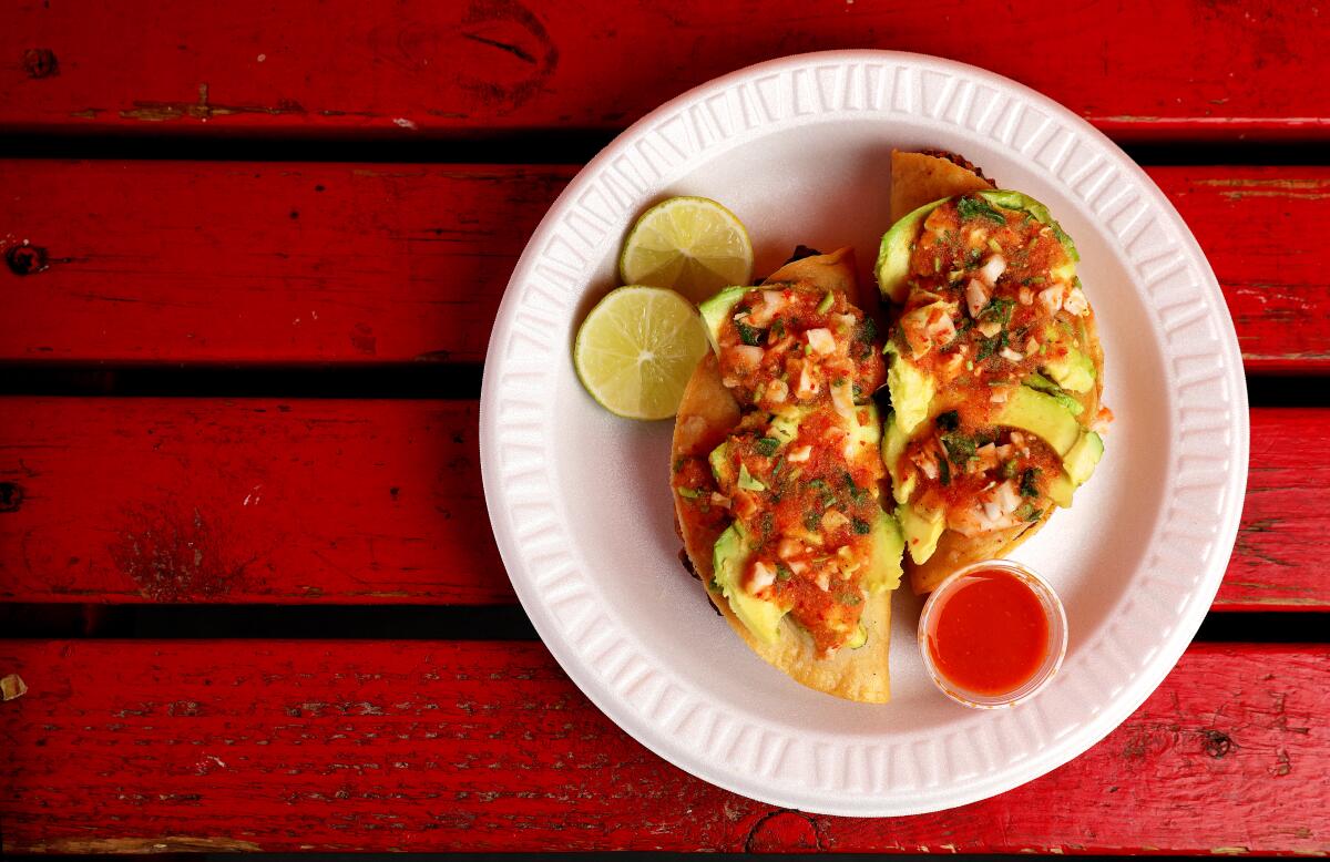 Tacos de camarones from Mariscos Jalisco.