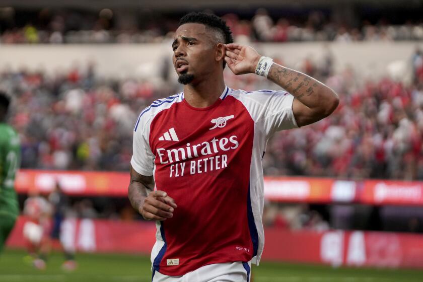 Arsenal forward Gabriel Jesus celebrates after scoring during the first half of an international friendly soccer match against Manchester United, Saturday, July 27, 2024, in Inglewood, Calif. (AP Photo/Eric Thayer)