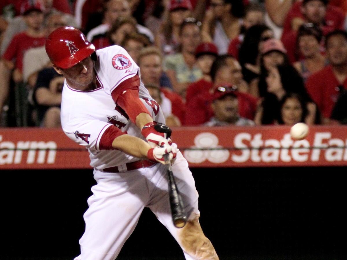 David Freese doubles to deep center in the fourth inning, scoring C.J. Cron and Erick Aybar. Freese was two for three at the plate with a run scored in the Angels' 5-2 win over the Houston Astros.