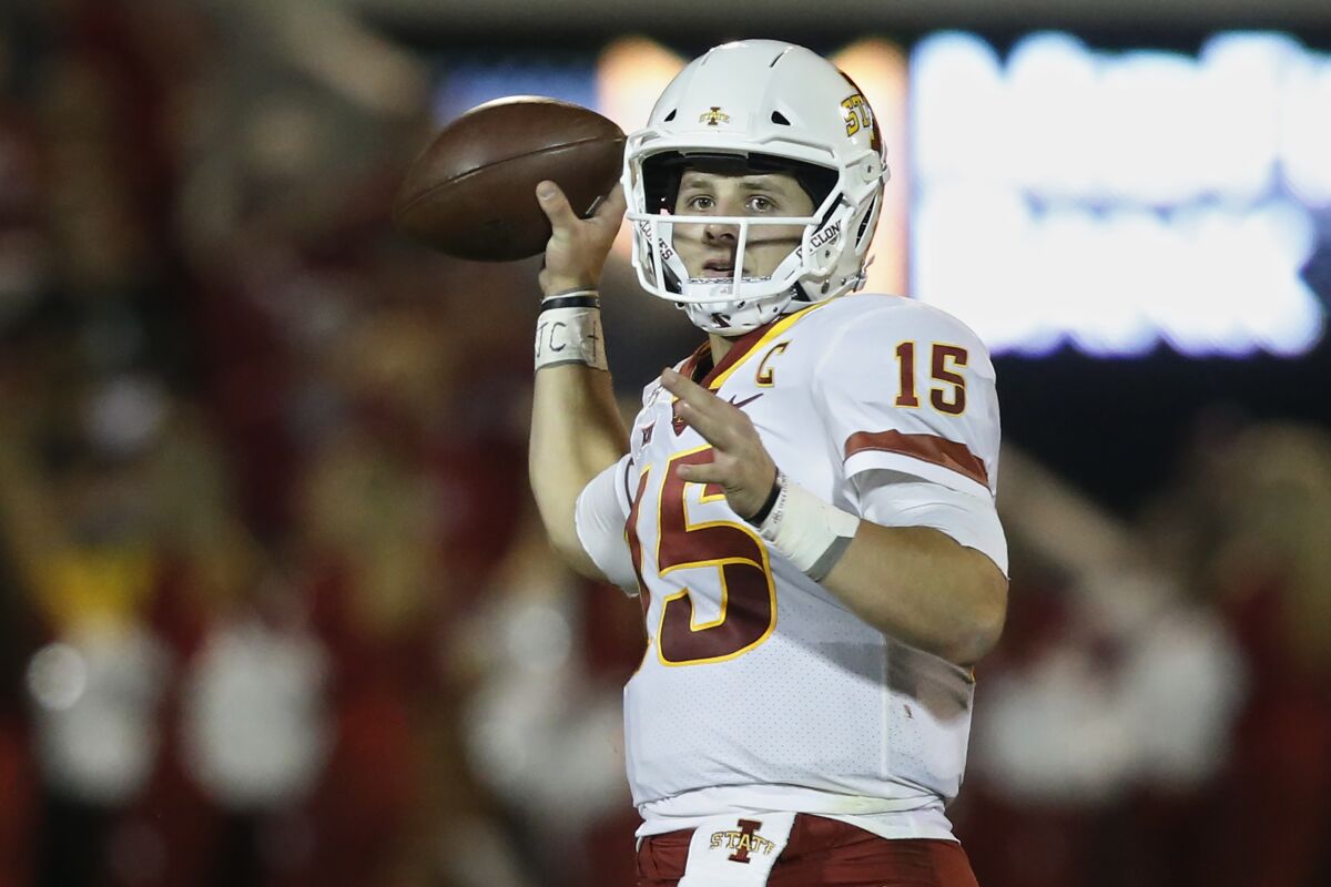 FILE - Iowa State quarterback Brock Purdy (15) during an NCAA college football game between Iowa State and Oklahoma in Norman, Okla., Saturday, Nov. 9, 2019. Purdy and Jalen Hurts could be primed for a shootout in the NFC championship game. . Hurts and No. 9 Oklahoma held off Purdy and Iowa State 42-41 on Nov. 9, 2019 in Norman, Oklahoma in their last meeting in college. By Dan Gelston.(AP Photo/Sue Ogrocki, File)