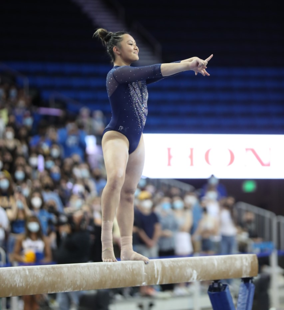 UCLA freshman Emma Malabuyo scored her first perfect 10 on the beam Saturday in the Bruins' victory over UC Davis.