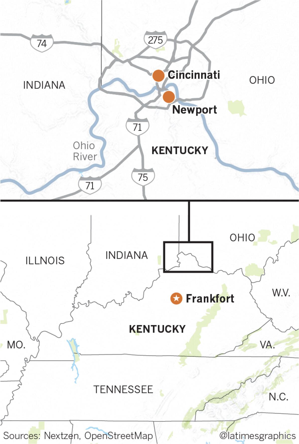 Map of Kentucky, showing the the town of Newport, capital city Frankfort, city of Cincinnati, Ohio, and the Ohio River. 