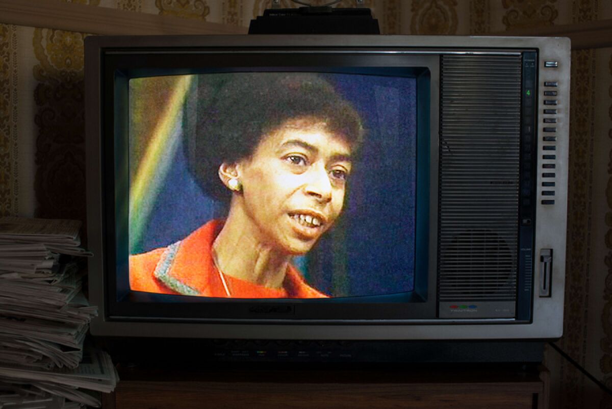 Marion Stokes appears on a television monitor in the documentary 'Recorder: The Marion Stokes Project'
