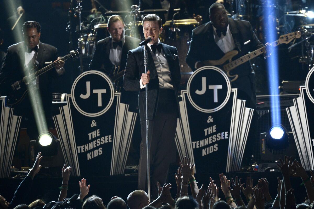 Justin Timberlake donned a "Suit & Tie" for his performance at the Grammy Awards at Staples Center on Sunday.