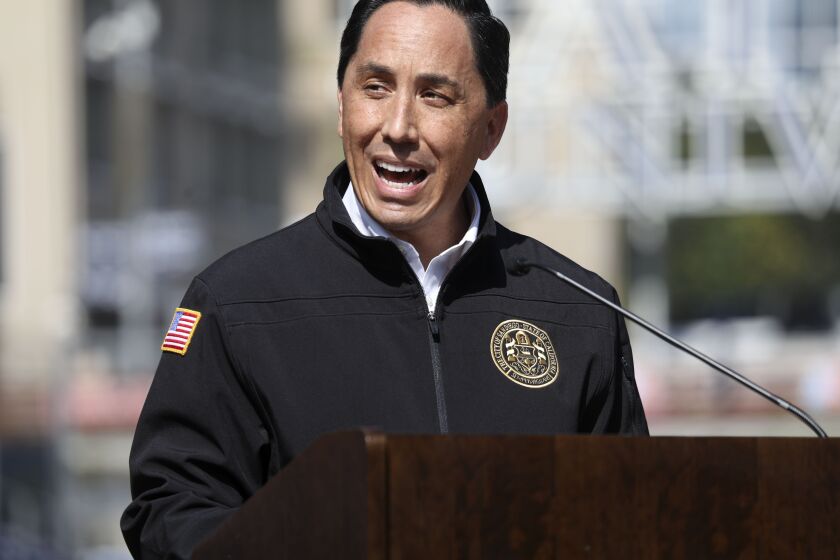 San Diego Mayor Todd Gloria speaks to members of the media as uring a press conference at Petco Park on Monday, February 8, 2021 in San Diego, California. The vaccination center, which is a partnership between San Diego County, the San Diego Padres baseball team and UC San Diego Health, has capacity to dole out about 5,000 COVID-19 vaccines per day. Photo by Sandy Huffaker/The San Diego Union-Tribune)`