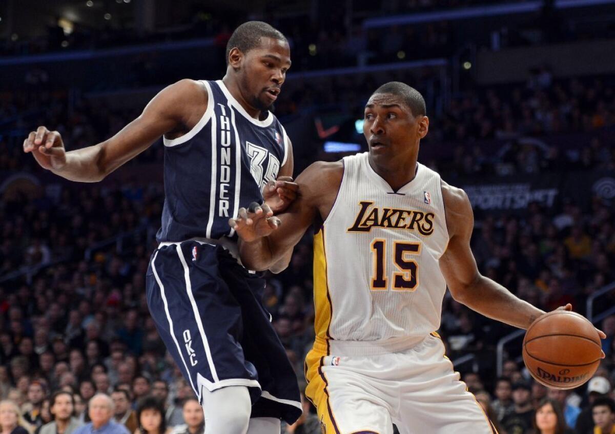 Metta World Peace dribbles as he is guarded by Kevin Durant of the Oklahoma City Thunder.