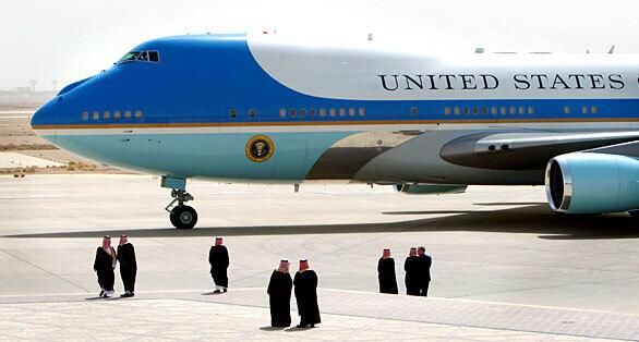 Air Force One arrives at King Khalid International Airport in Riyadh, Saudi Arabia.