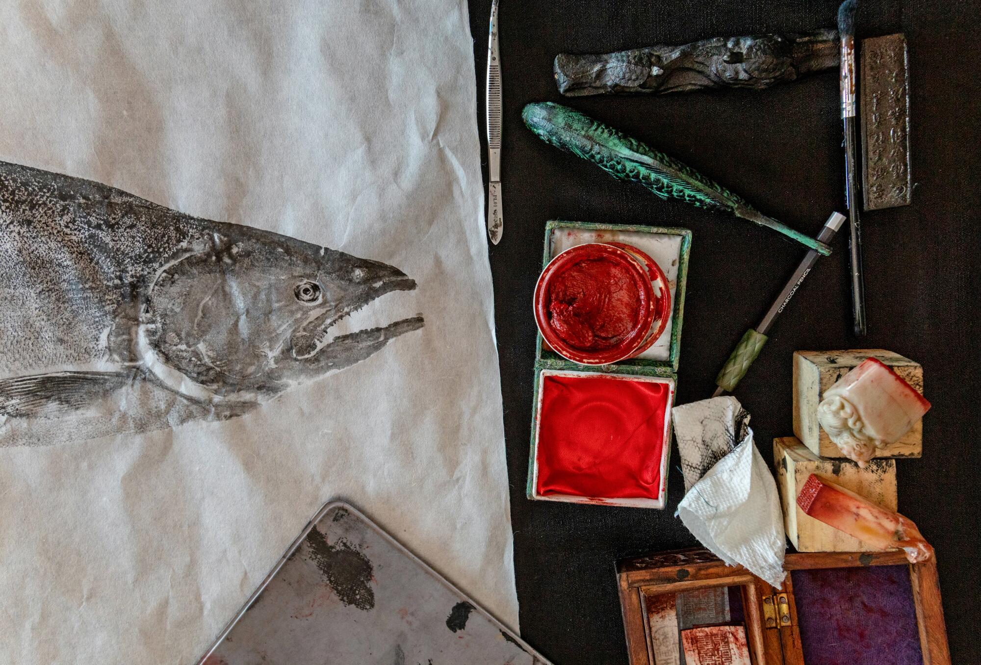 Detail of Dwight Hwang's working table as he's making a Spanish mackerel guotaku.