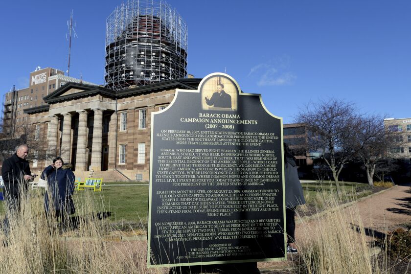 A historical marker for former President Barack Obama stands at the Old State Capitol Building on Wednesday, Nov. 30, 2022, in Springfield, Ill. Obama launched his presidential bid at the Old State Capitol Building on Feb. 10, 2007. (Thomas J. Turney/The State Journal-Register via AP)