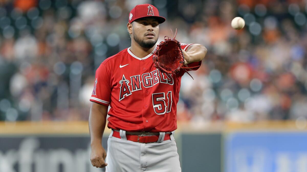 Angels starting pitcher Jaime Barria during a baseball game against the Houston Astros.