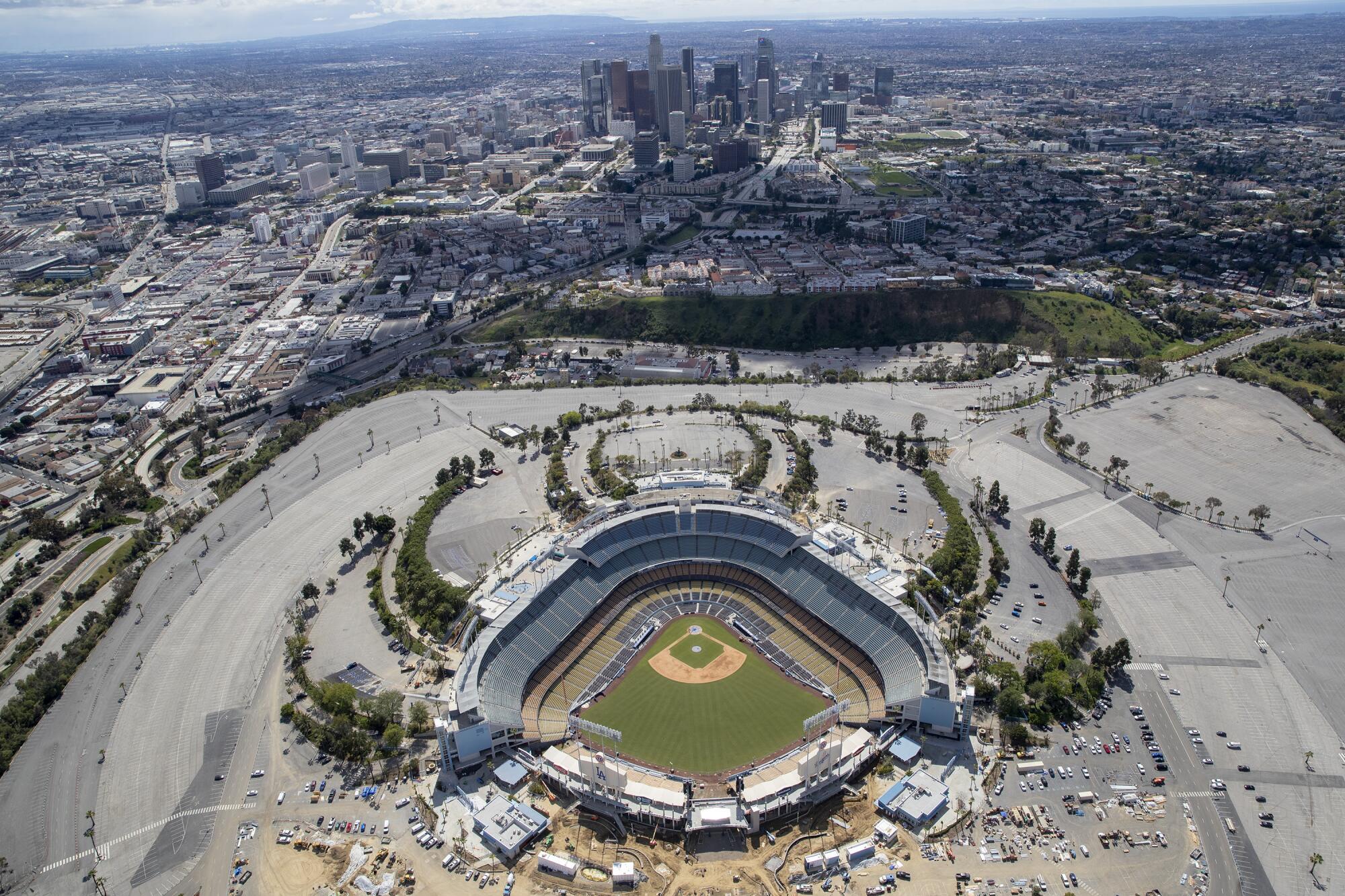 An aerial view of Dodger Stadium on March 25.