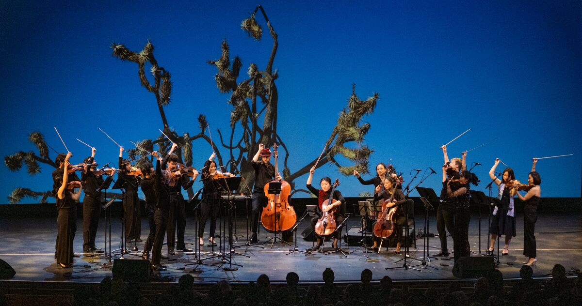 Musicians perform onstage in front of a tree backdrop.