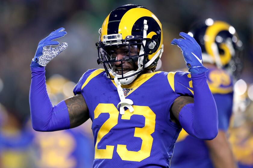 LOS ANGELES, CALIFORNIA - DECEMBER 08: Defensive back Nickell Robey-Coleman #23 of the Los Angeles Rams gestures to the crowd during the game against the Seattle Seahawks at Los Angeles Memorial Coliseum on December 08, 2019 in Los Angeles, California. (Photo by Meg Oliphant/Getty Images)