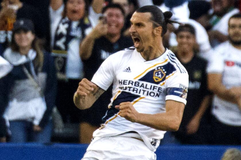 Galaxy forward Zlatan Ibrahimovic celebrates after scoring a goal during the first half of the game against LAFC on Friday night.