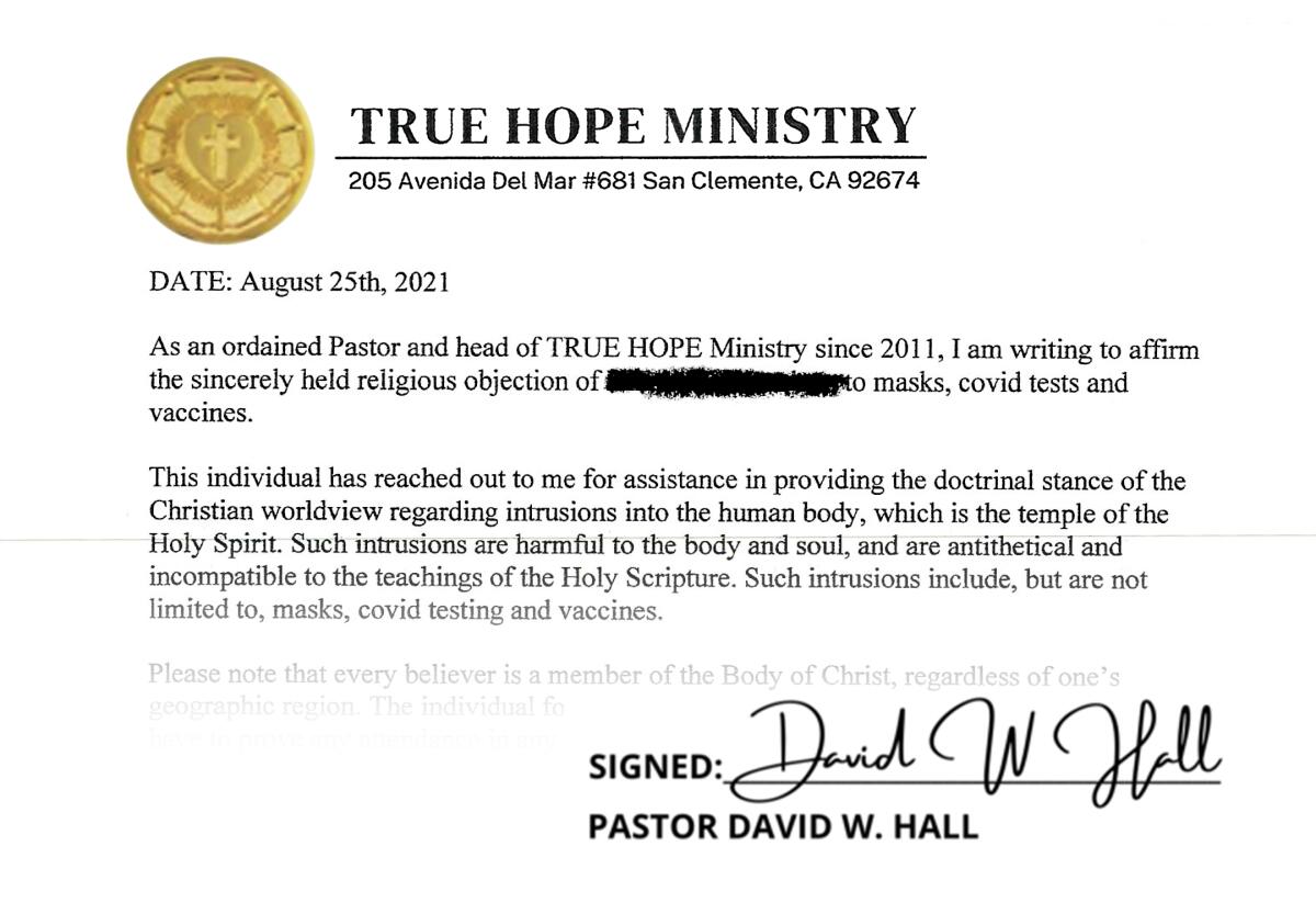 An excerpt from True Hope Ministry's religious objection letter