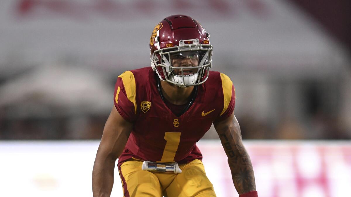 USC cornerback Domani Jackson takes his stance during a game against San Jose State.