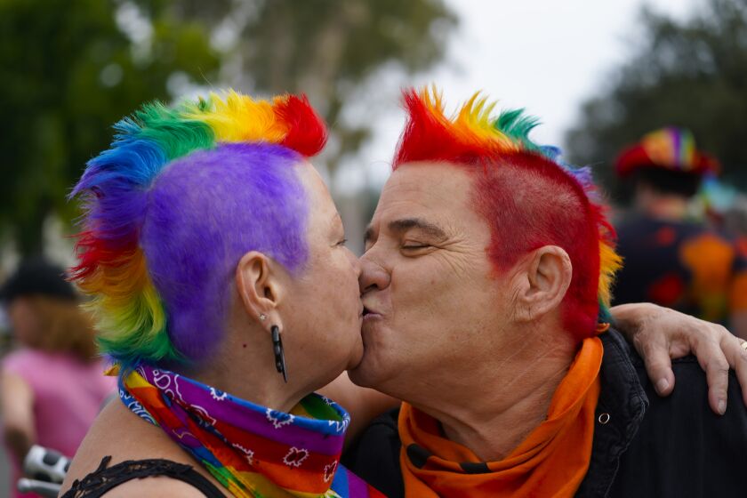 On Saturday, July 16, 2022 in San Diego, CA., Donna Danvig (r) and her partner Grace Danvig (l) were among the ladies on motorcycles that will be at the lead to start off San Diego Pride 2022 parade.