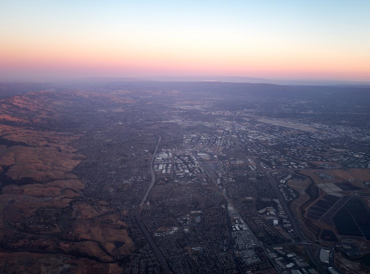 Aerial view of Silicon Valley at dusk.