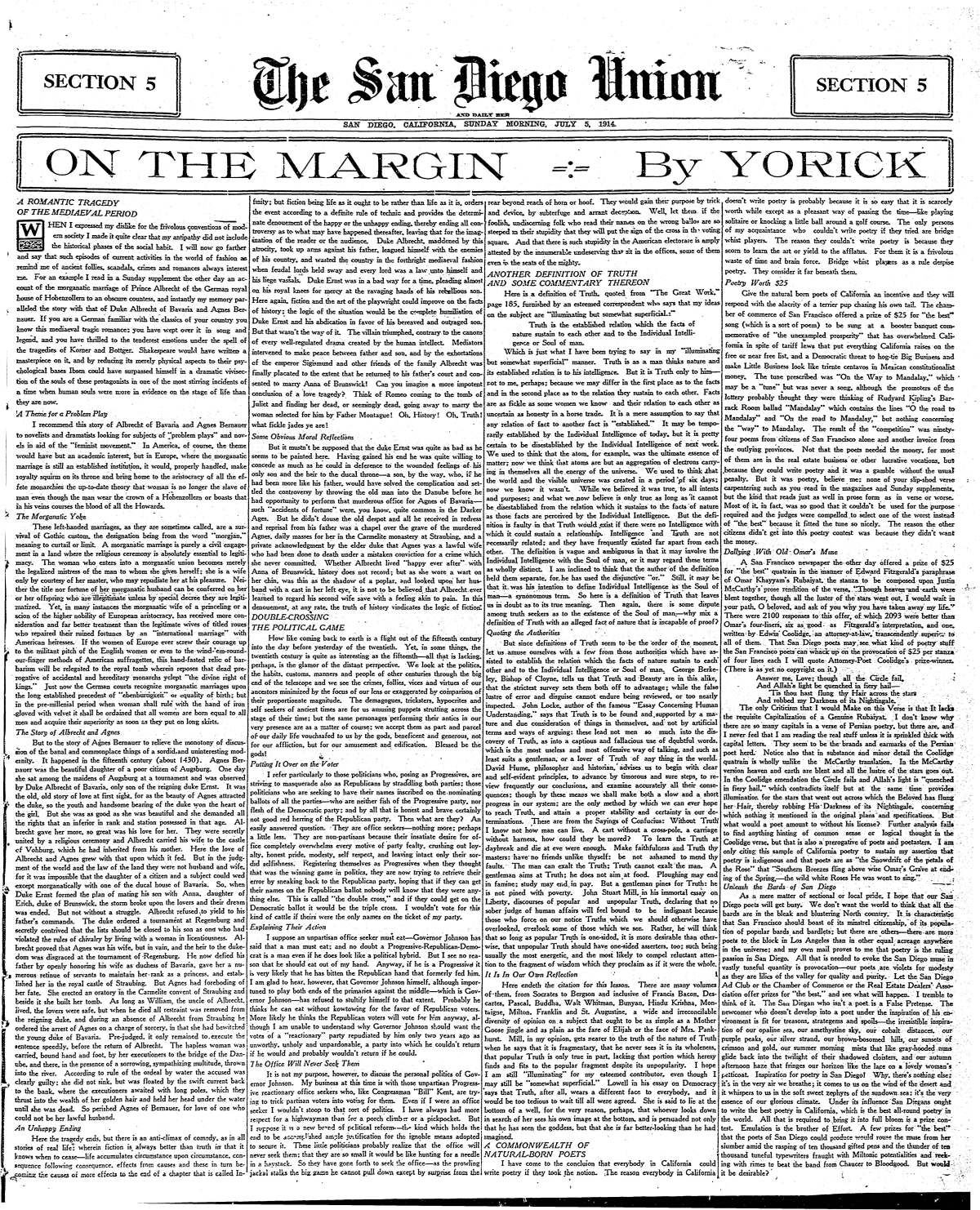 On the Margin by Yorick published in The San Diego Union and Daily Bee on July 5, 1914.
