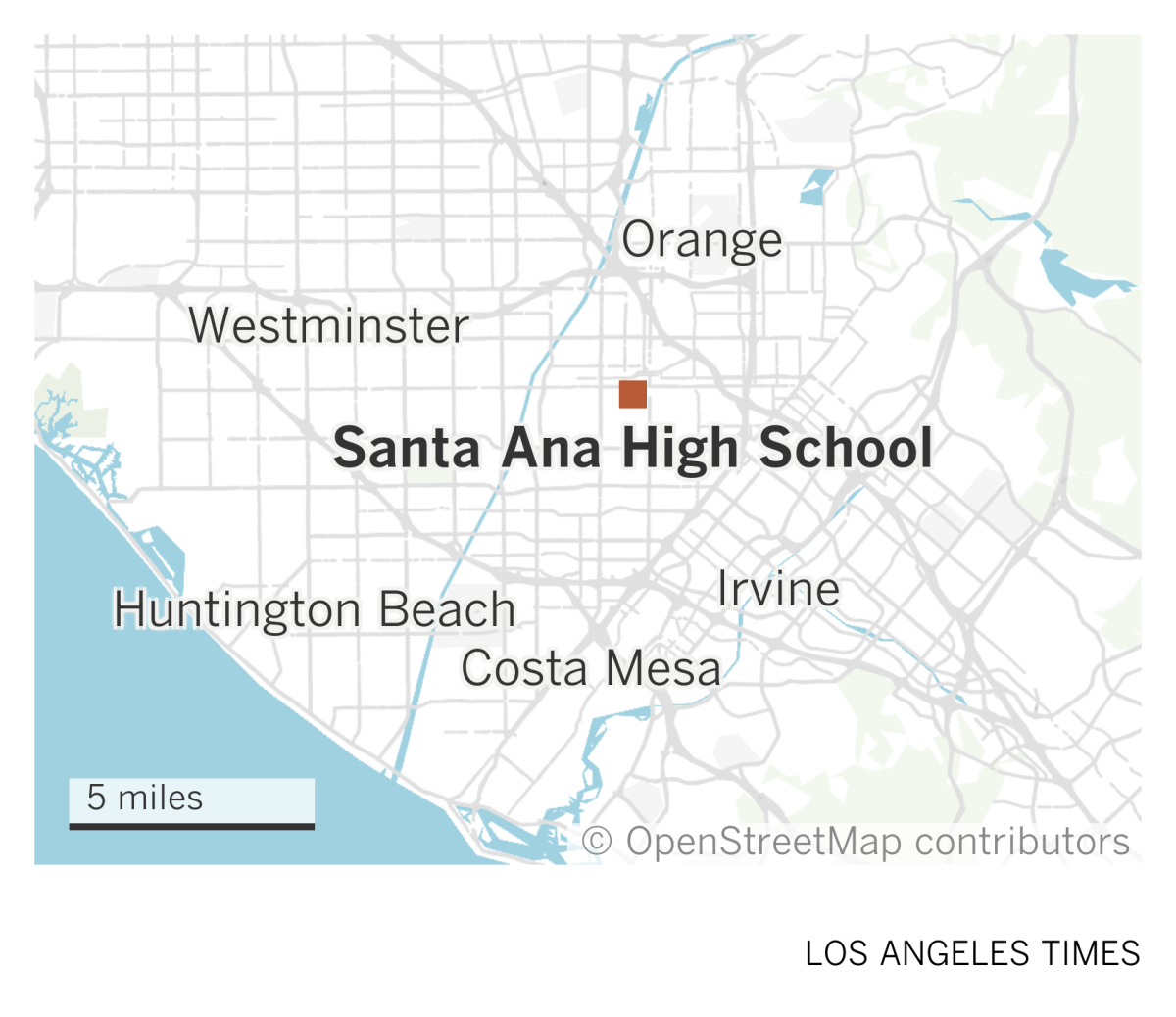 A map of Orange County showing the location of Santa Ana High School