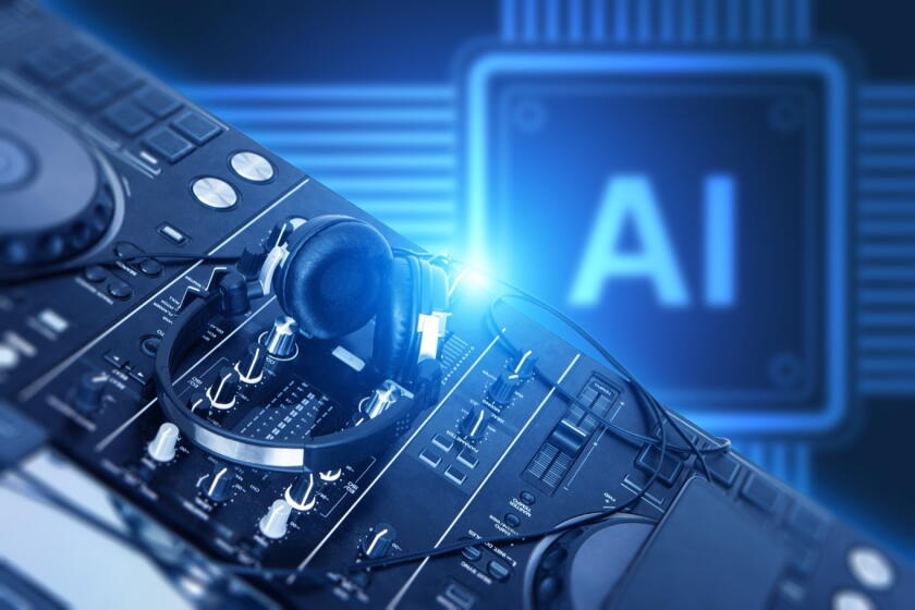 Headphones on DJ mixing console with glowing AI chip symbol in background