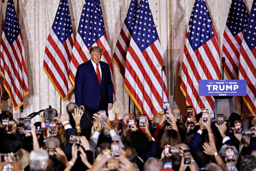 Former US President Donald Trump arrives to speak at the Mar-a-Lago Club in Palm Beach, Florida, US, on Tuesday, Nov. 15, 2022. Trump formally entered the 2024 US presidential race, making official what he's been teasing for months just as many Republicans are preparing to move away from their longtime standard bearer. Photographer: Eva Marie Uzcategui/Bloomberg via Getty Images