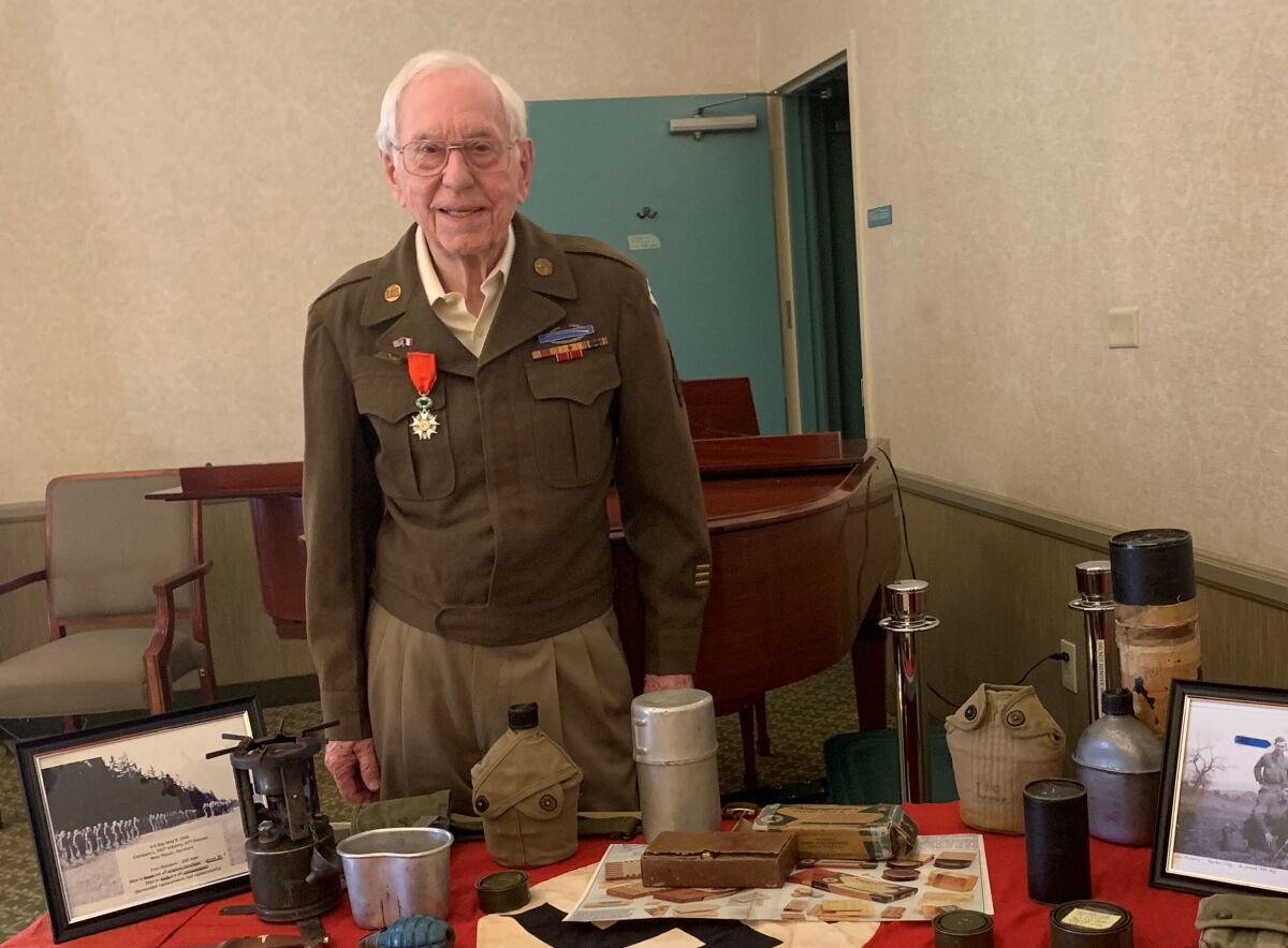 World War II veteran Ken Mallory gives a WWII presentation at his Bradbury retirement home.
