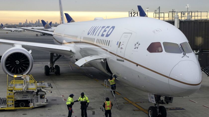 A United Airlines 787 arriving from Los Angeles pulls up to a gate at Newark Liberty International Airport in New Jersey.