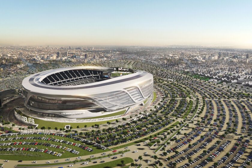 An aerial view of a new rendering of the proposed $1.7-billion, open-air stadium in Carson that could be the home field for both the Chargers and Raiders.