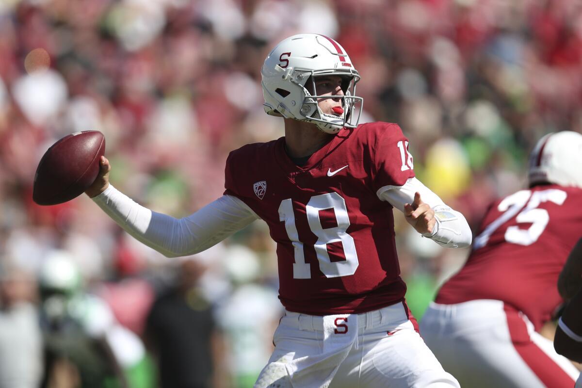 Stanford's Tanner McKee throws a pass during the first half Oct. 2, 2021. 